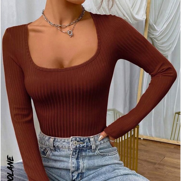 New scoop neck ribbed long sleeve top~ - Picture 3 of 5